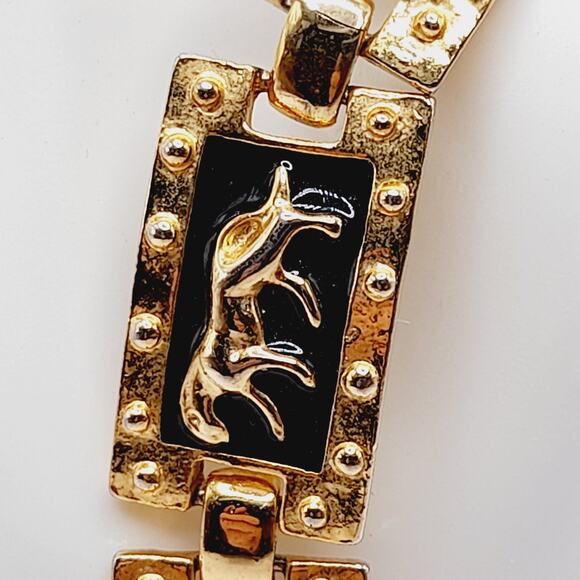 Vintage Black Enamel Gold Tone Animal Link Bracelet 8 Inch Fold Over Clasp - Picture 4 of 9